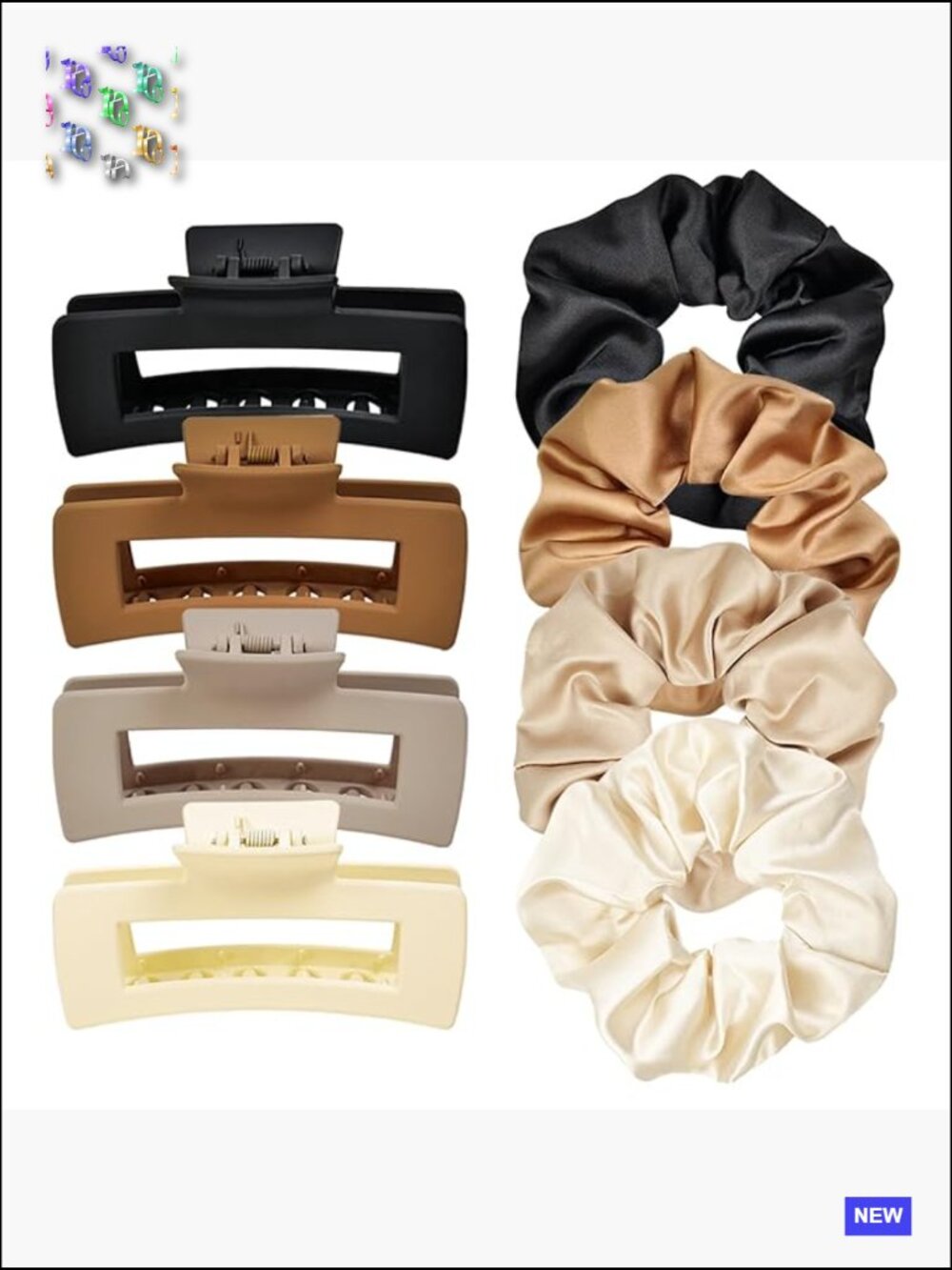 8pcs Hair Clips and Scrunchies Set - 4 Medium Claw Clips, 4 Large Satin